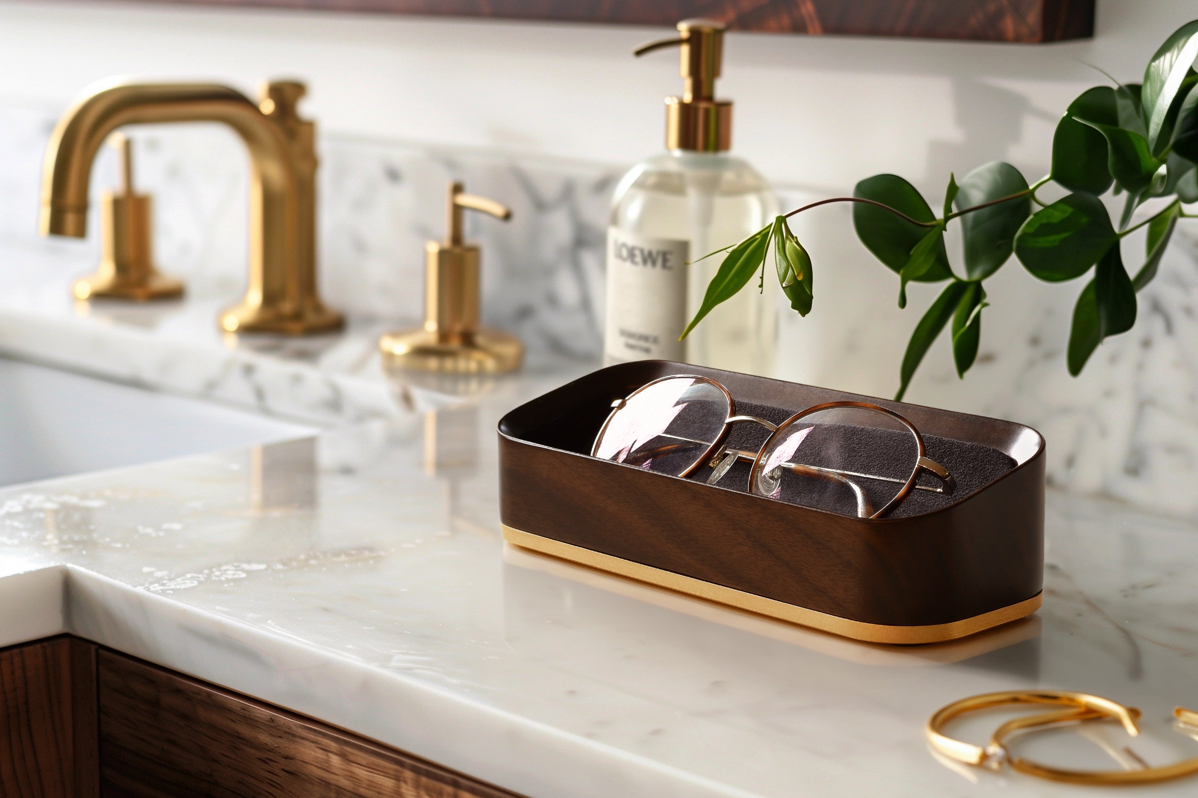 Bright Sunny Lifestyle Image of Italico Luxury Glasses Valet on a bathroom counter near a sink with glasses nested inside